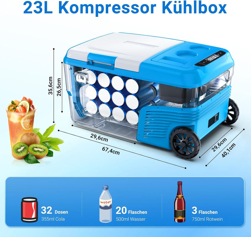 AAOBOSI Kompressor Kühlbox 23L, Kühlbox Auto -20 °C bis 20 °C，Kühlbox 12V 230V für Garagen, Auto, Lk