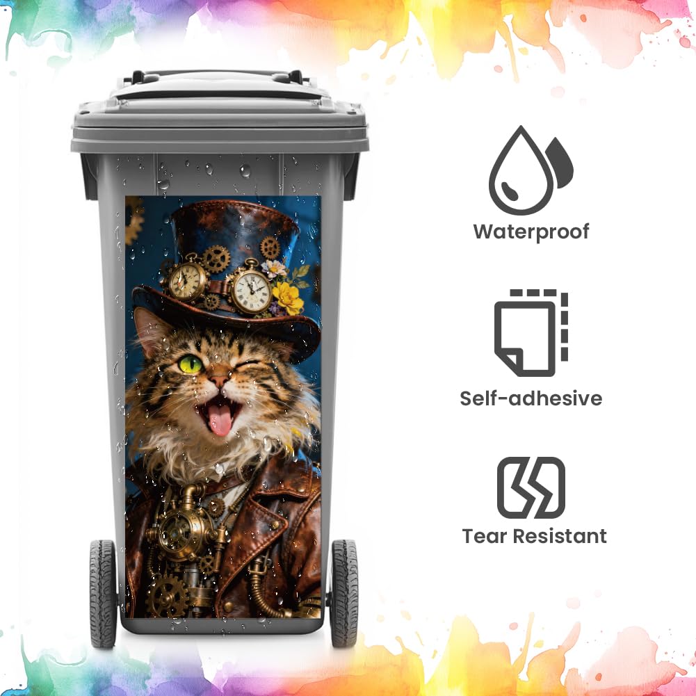 ANATTASOUL Mülleimer Aufkleber, 2 Blätter Mülltonnen Aufkleber 38×82cm Steampunk Katze Selbstklebend