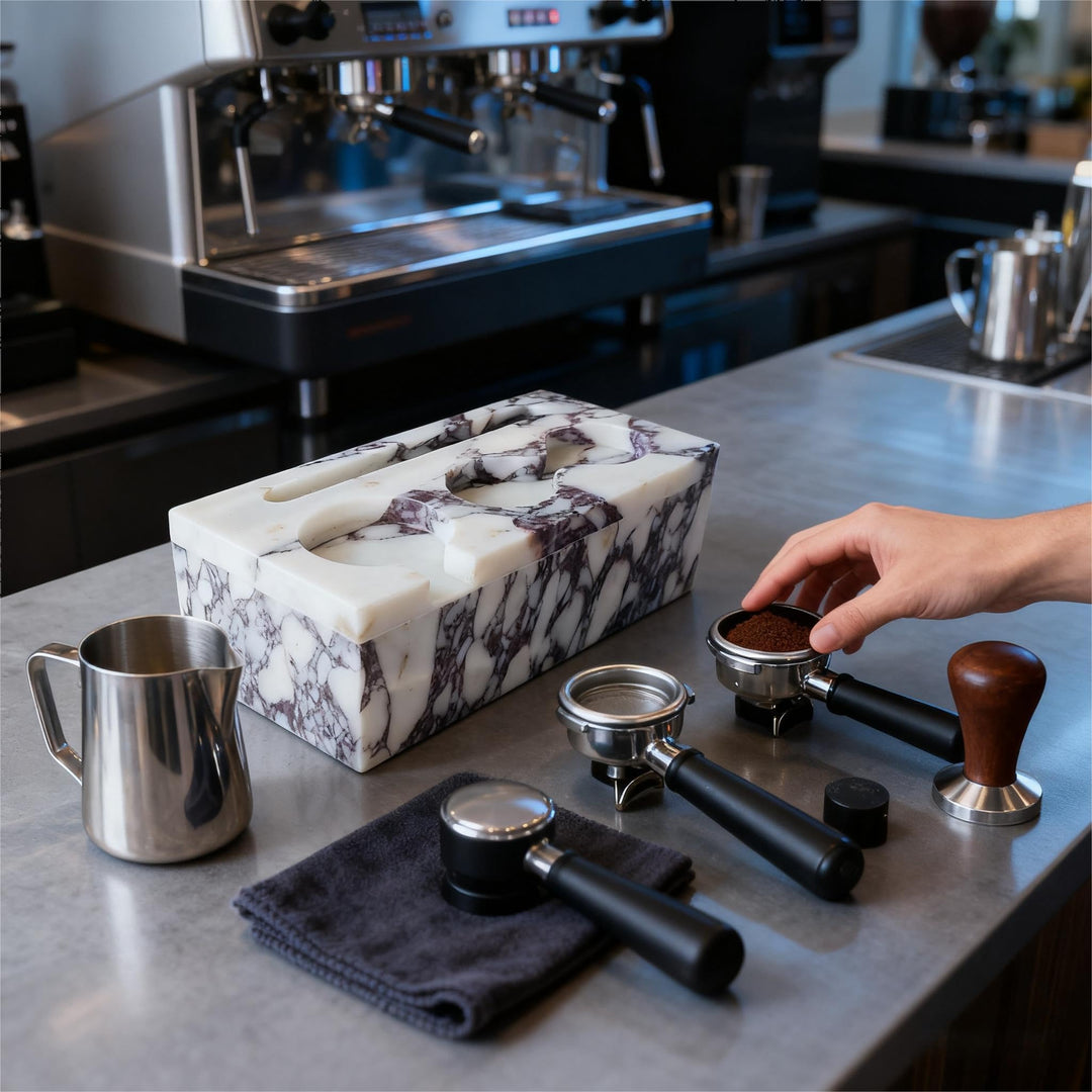 Espresso-Tamping-Station aus Naturmarmor, 51/53 mm | Massive Marmorstation für 51 mm und 53 mm Tools