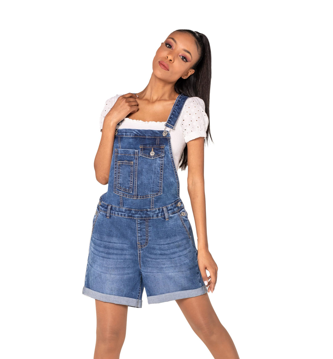 Nina Carter S511 Damen Jeans Latzshorts – Kurze Latzhose aus Denim mit Brusttaschen &amp; Knöpfen – Somm