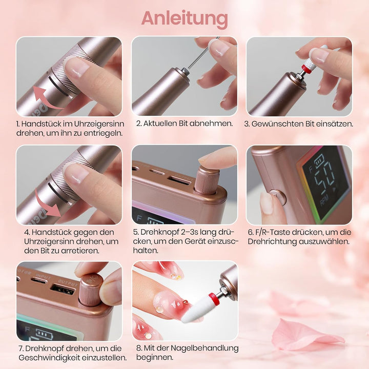Delanie elektrischer Nagelfräser professionell 50000 U/Min mit Ladestaion, Maniküre Fräser für Nägel