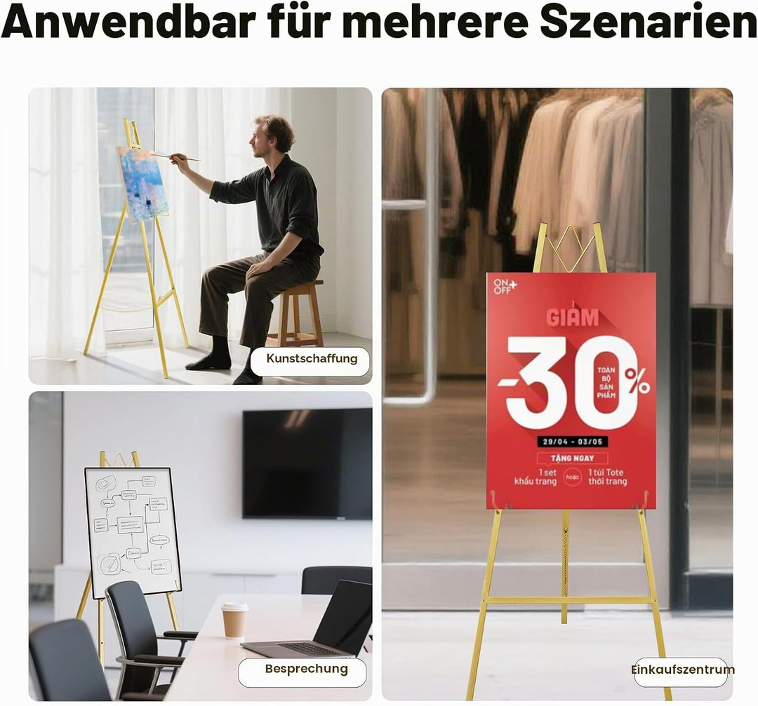 WATIHERE Goldener Staffelei-Ständer für Hochzeitsschilder, keine Montage erforderlich, verstellbar,