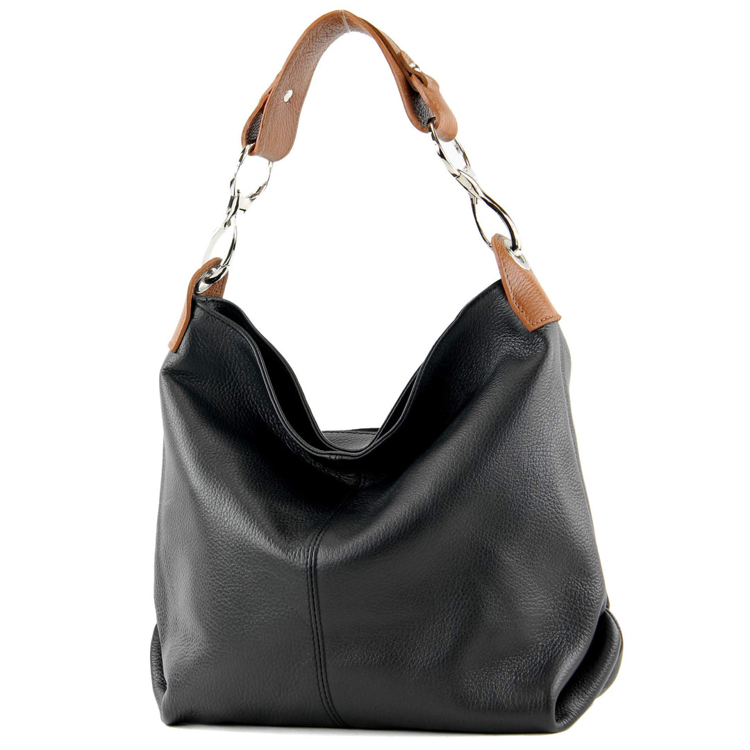 modamoda de T168 Damen Leder Schultertasche, handmade in Italy Schwarz/Cognac, Schwarz/Cognac