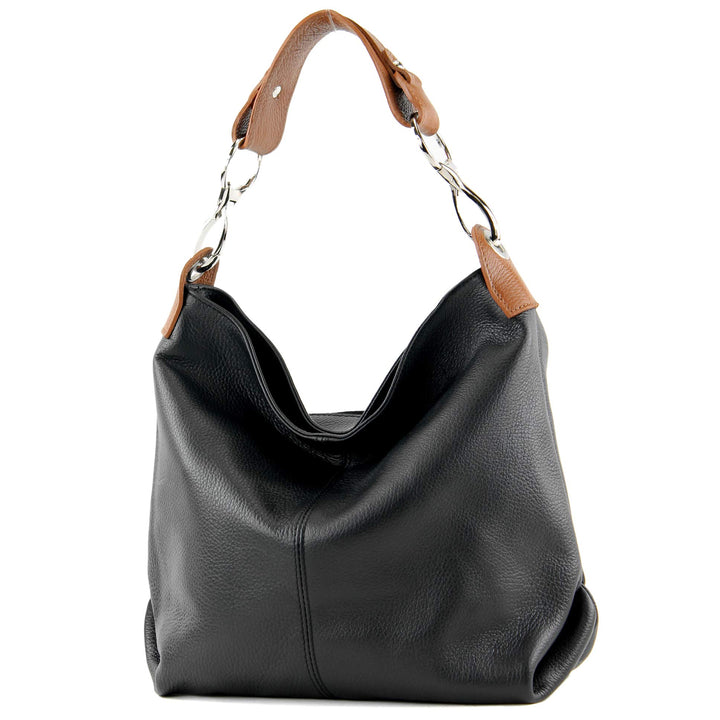 modamoda de T168 Damen Leder Schultertasche, handmade in Italy Schwarz/Cognac, Schwarz/Cognac