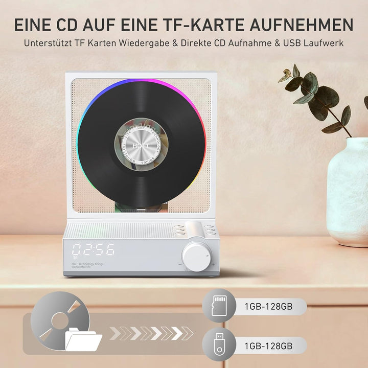 HOTT CD-Player Tragbar mit Fernbedienung, Bluetooth 5.3 Desktop mit RGB-Lichtern, HiFi Lautsprecher,
