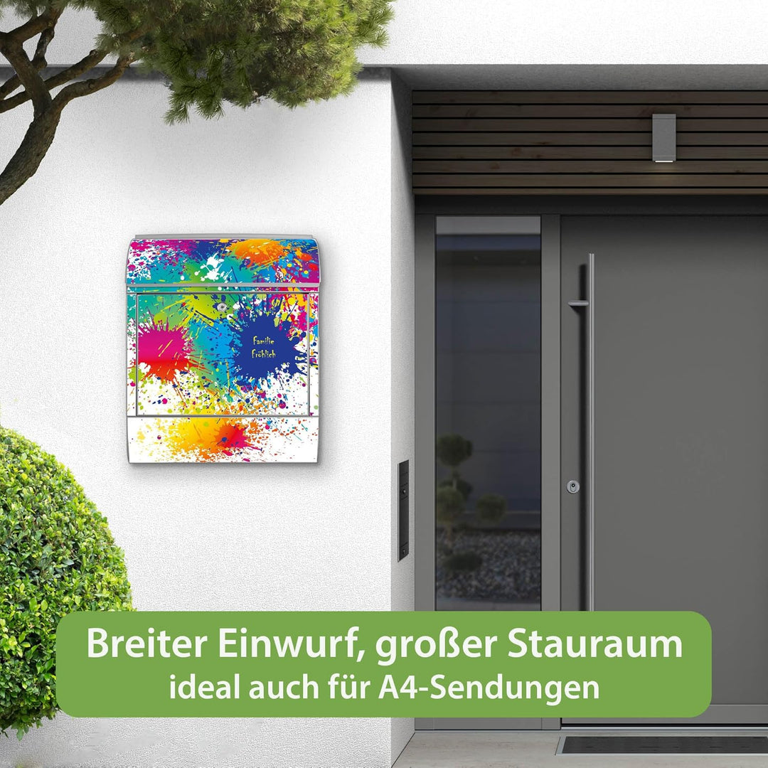 banjado® Design Briefkasten personalisiert mit Motiv Farbspritzer 39x47x14cm & 2 Schlüssel - Briefka