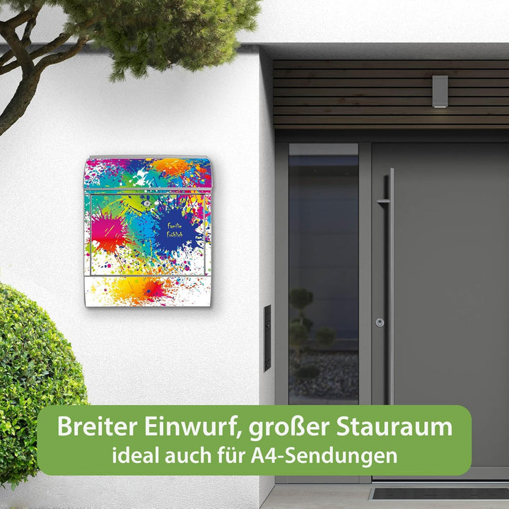 banjado® Design Briefkasten personalisiert mit Motiv Farbspritzer 39x47x14cm & 2 Schlüssel - Briefka