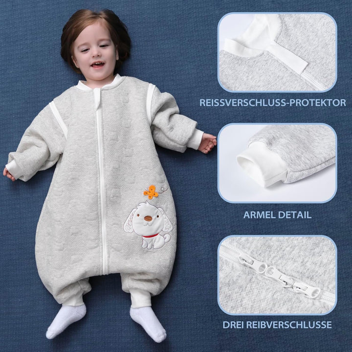 Schläfsack Baby Langarm Winter kinderSchlafsack 2.0Tog,Hund Muster Baby Schlafsack mit Füssen Baumwo