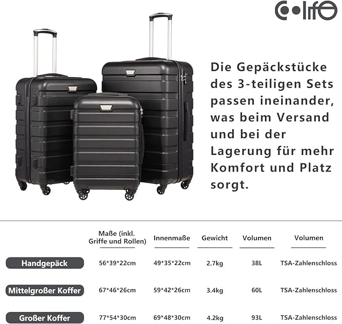 COOLIFE Hartschalen-Koffer Trolley Rollkoffer Reisekoffer ardschale Boardcase Handgepäck mit TSA-Sch