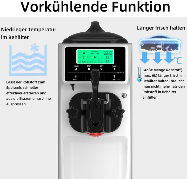 GSE Eiscrememaschine 1200W - 18L Softeis pro Stunde, 6L Edelstahlbehälter mit Kühlfunktion, 1.2L Ein