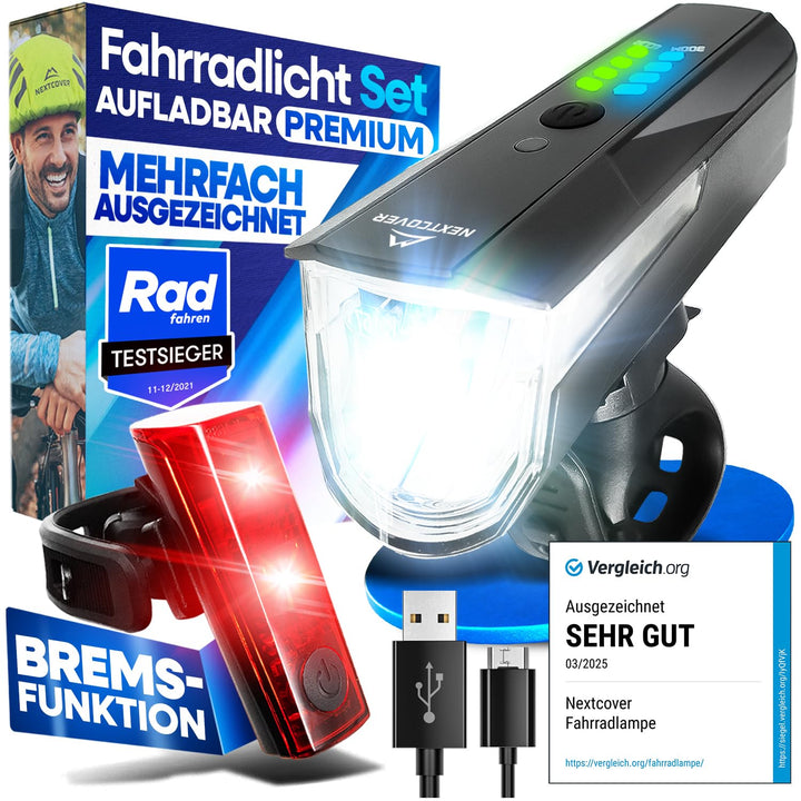 NEXTCOVER® Fahrradlicht Set mit [LightSense] Sensor & 11h Akkulaufzeit I USB aufladbar & wasserdicht