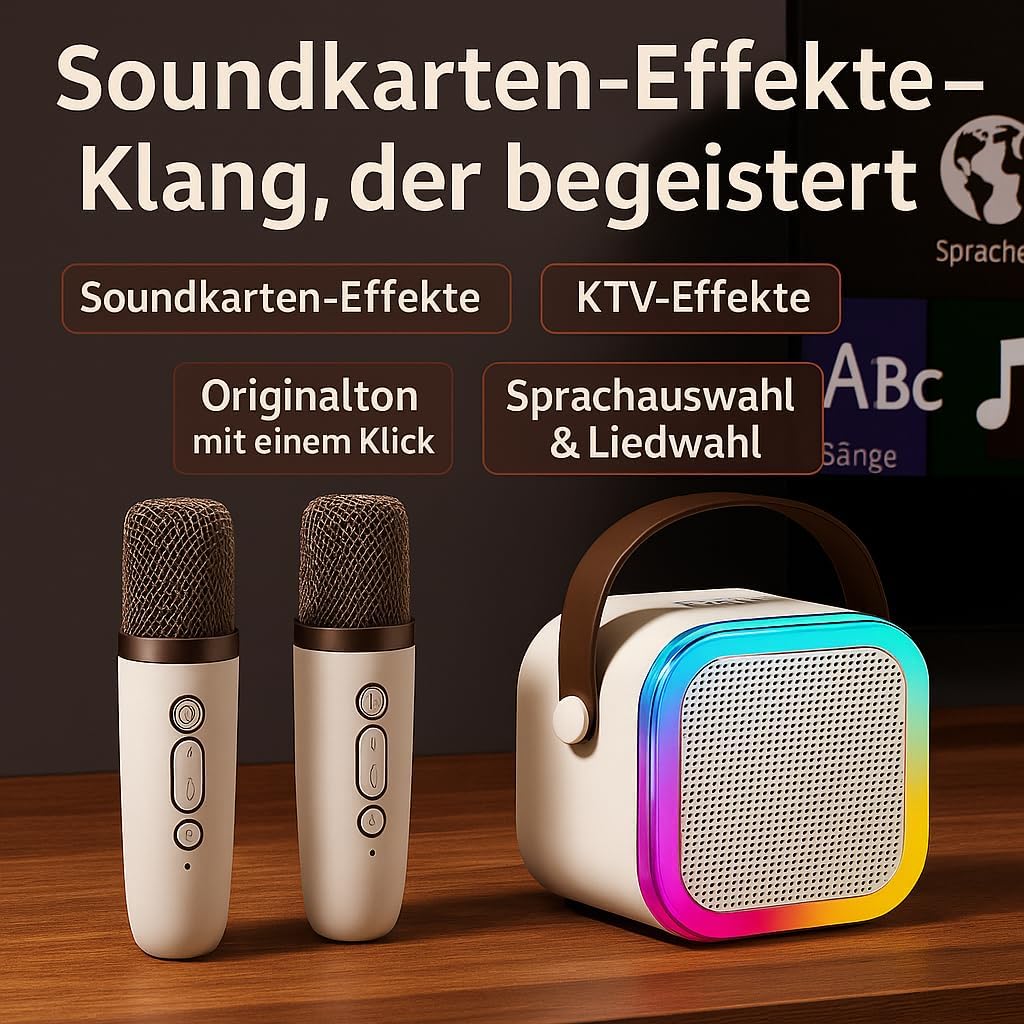 Bluetooth Karaoke Maschine mit 2 Mikrofonen & Lichtshow - 8W Tragbarer Lautsprecher, 5 Stimmeneffekt