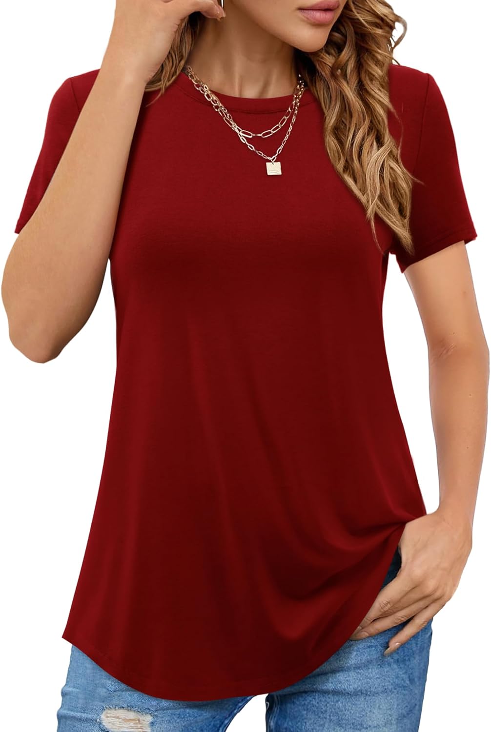 Beluring T-Shirt Damen Lässig Kurzarm/Langarm Oberteile Rundhals Longshirt M Stil A:rot, M Stil A:ro