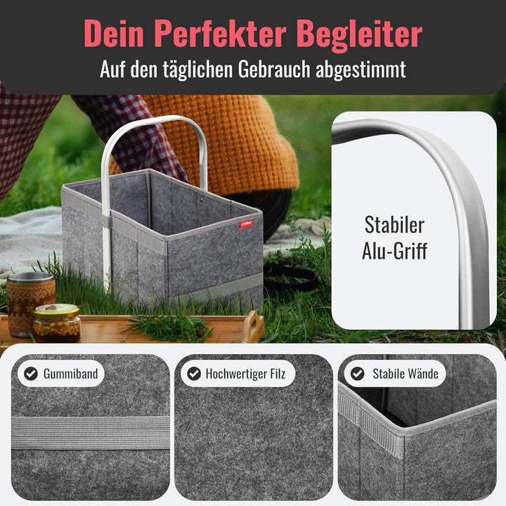 achilles Einkaufskorb aus Filz, Tragekorb mit Alu-Griff, Filz-Korb faltbar, Picknick-Korb, Einkaufsb