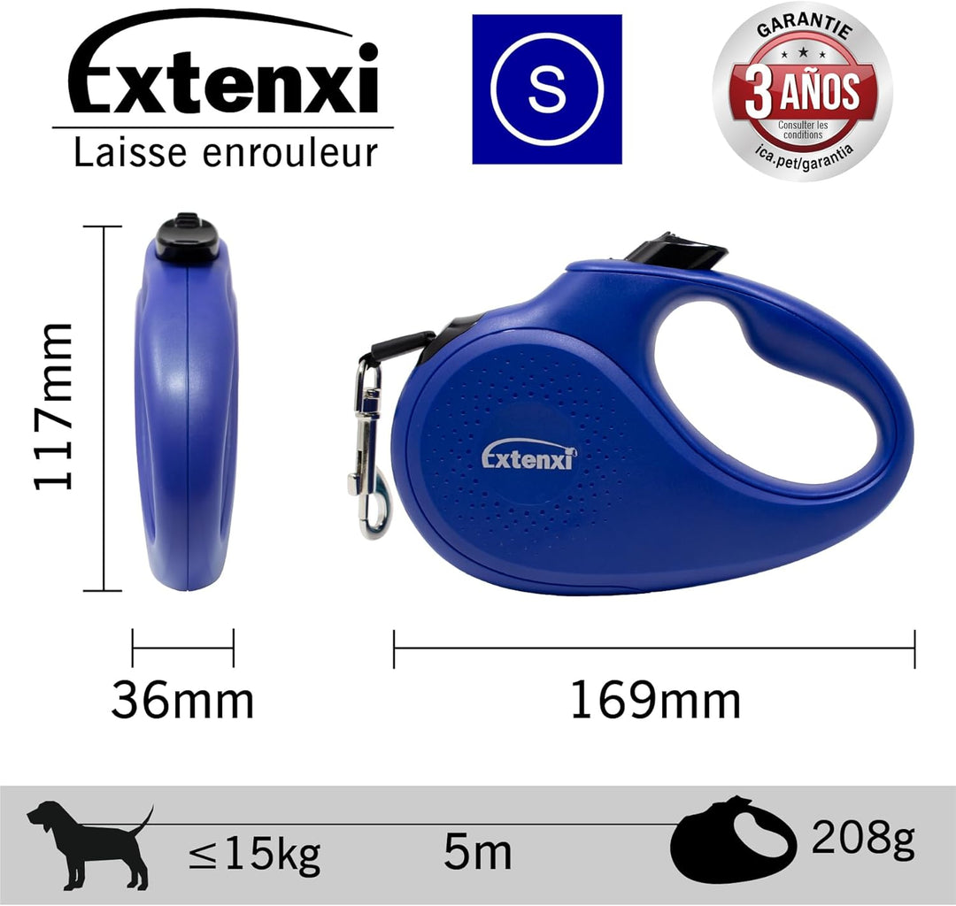 Hundeleine mit Aufrollfunktion – einziehbare Leine für Hunde, blau bis 15 kg – Länge 5 m, Grösse S,