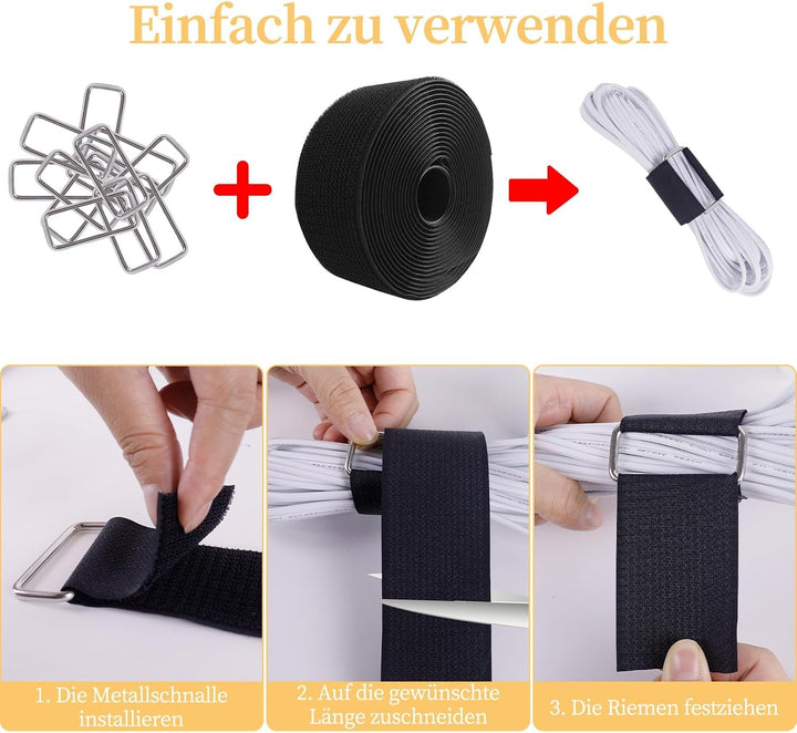 10m x 5cm Klettband mit 30 Schnallen, Breit Klett Kabelbinder Wiederverschliessbar, Frei Zuschneidba