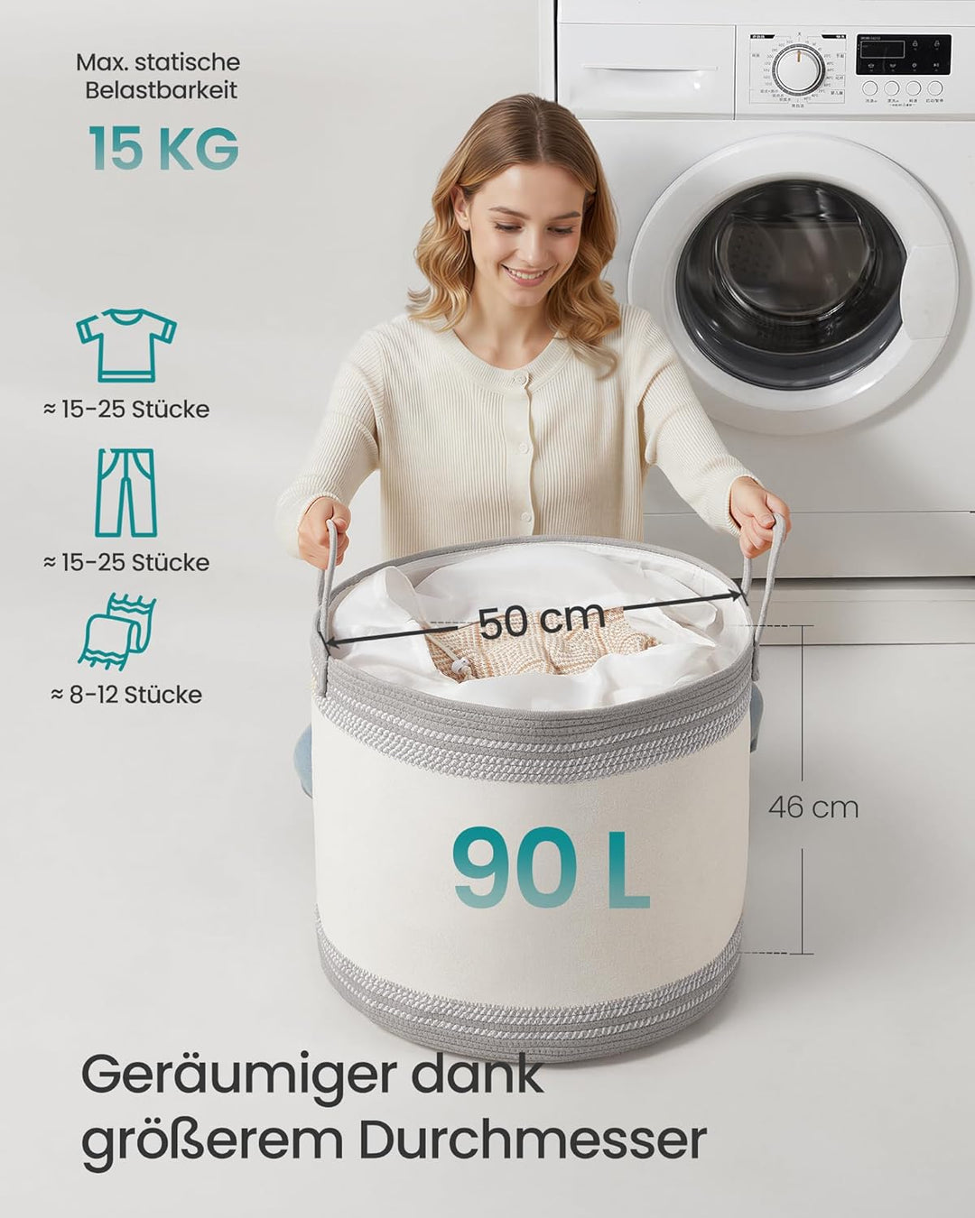 SONGMICS Wäschekorb, Wäschesammler, Aufbewahrungskorb, Baumwollseil, mit Henkel, für Decken, Kleider