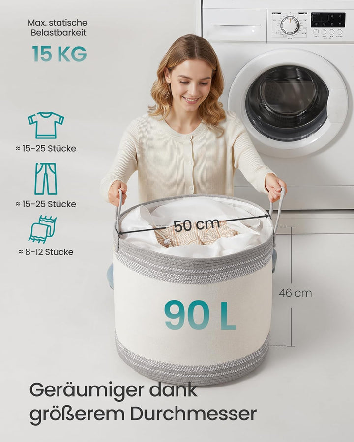 SONGMICS Wäschekorb, Wäschesammler, Aufbewahrungskorb, Baumwollseil, mit Henkel, für Decken, Kleider