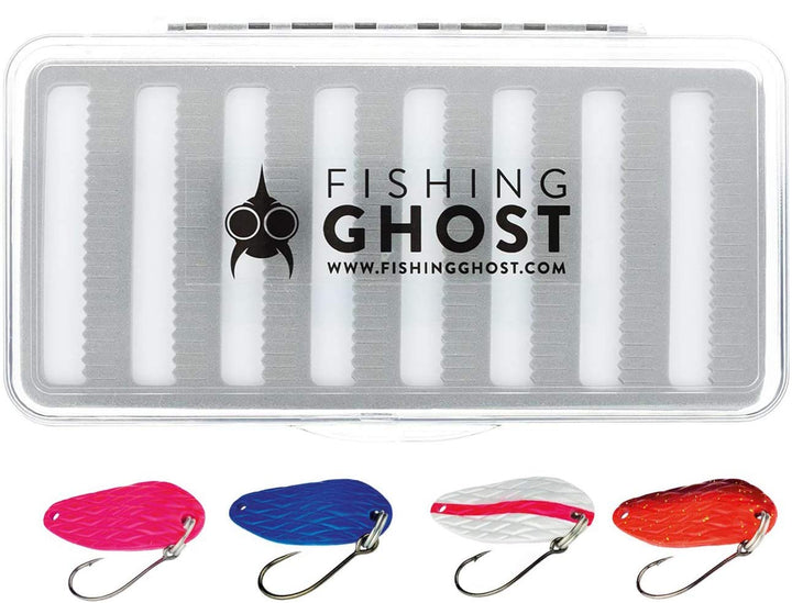 FISHINGGHOST® 4/5xTrout Spoons Set & 1x Blinkerbox - Set, bestehend aus 4/5 Kunstköder und Einer Köd