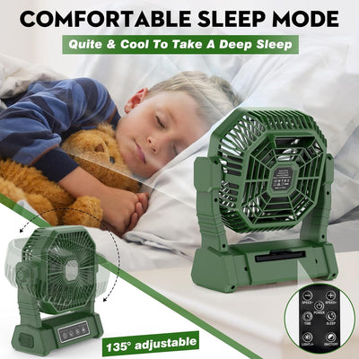 Camping Ventilator mit LED-Licht, Wiederaufladbarer Camping Fan mit Haken & Fernbedienung, 4 Geschwi