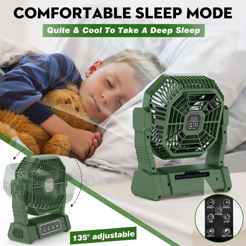 Camping Ventilator mit LED-Licht, Wiederaufladbarer Camping Fan mit Haken & Fernbedienung, 4 Geschwi