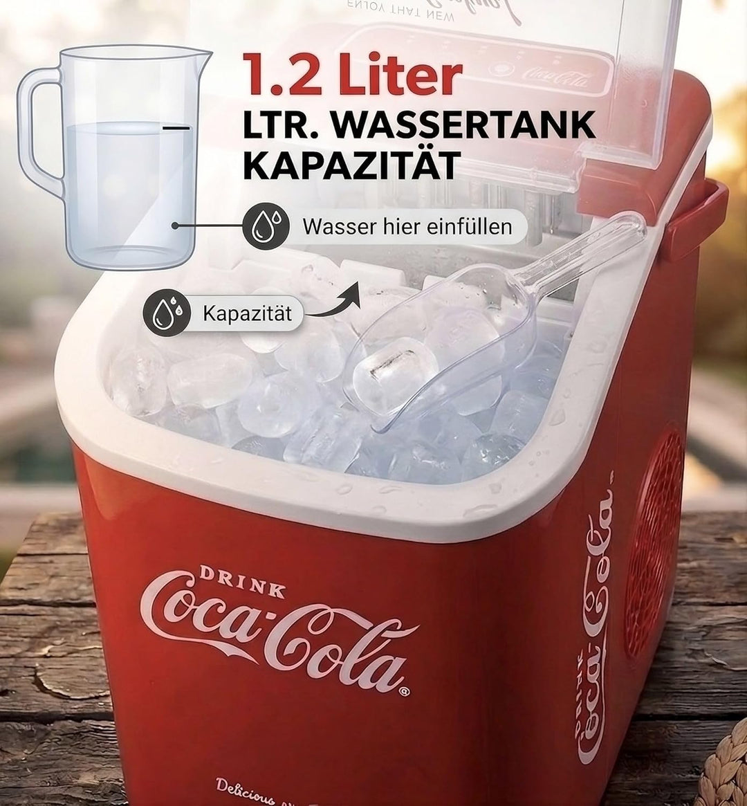 Salco Coca Cola Eiswürfelmaschine – Kompakter Eiswürfelbereiter mit 2 Eiswürfelgrössen, 10 kg Eis in