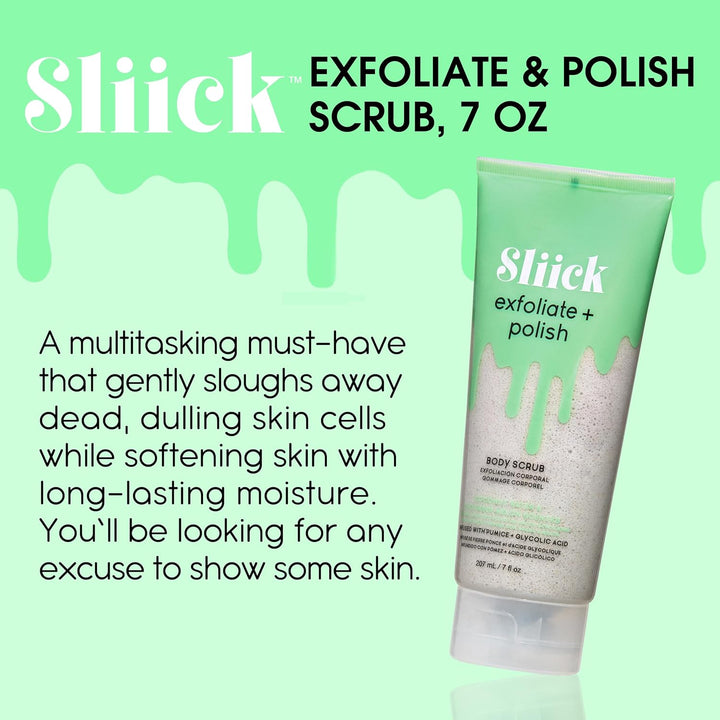 Sliick Exfoliate & Polish Body Scrub Bimsstein und Glykolsäure vor und nach dem Wachsen