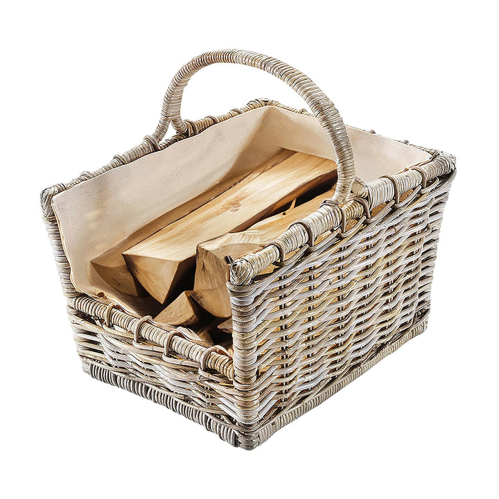 Kobolo Kaminholzkorb Holztrage Holzkorb für Kaminholz Rattan grau mit abnehmbarem, 50x38x33