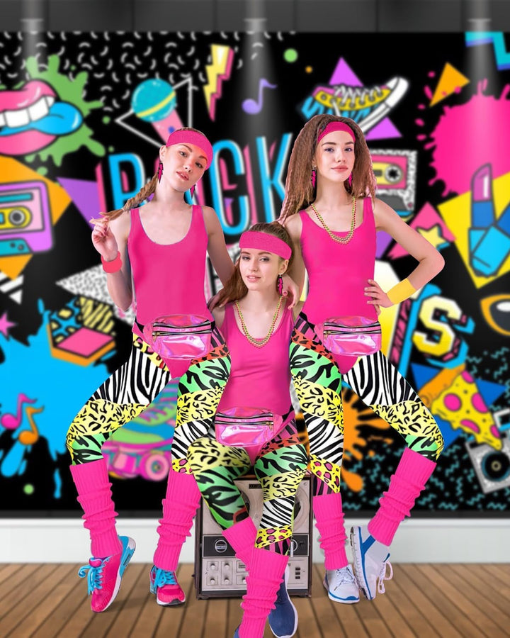 BIQIQI 80er Jahre Outfit Damen Set Retro Trainingsanzug Kostüm 80s 90s Kleidung Kostüm Accessoires C