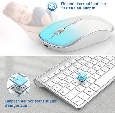 JOYACCESS Tastatur Maus Set Kabellos, 2.4G Kabellose Tastatur mit 2400DPI Funkmaus Wiederaufladbar K