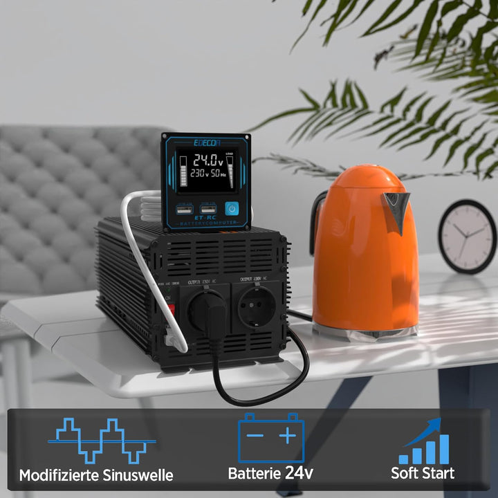 EDECOA Wechselrichter 2000w 24v 230v Spannungswandler mit Neuer Fernbedienung 2X USB und Bildschirm