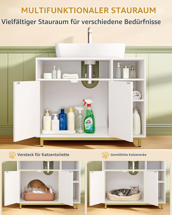 Hzuaneri Katzenschrank, Katzenklo Schrank mit Speicherfunktion, 80 x 45 x 65 cm, Waschbeckenuntersch