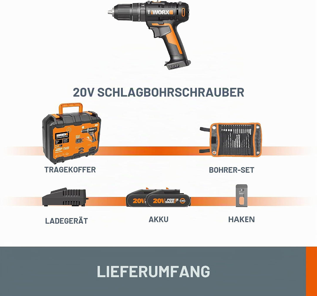 WORX 18V (20V MAX) Akku-Schlagbohrschrauber-Kit WX370, PowerShare, max. 50 N.m, (inkl. 2x2,0Ah Akkus