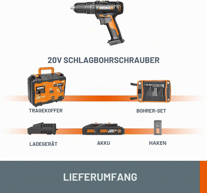 WORX 18V (20V MAX) Akku-Schlagbohrschrauber-Kit WX370, PowerShare, max. 50 N.m, (inkl. 2x2,0Ah Akkus