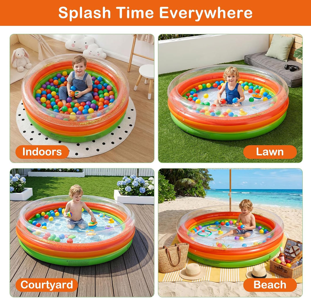 Aufblasbares Planschbecken Baby, 90x25 cm Kleiner Pool für Kinder mit Regenbogenmuster &amp; Glitzer – i