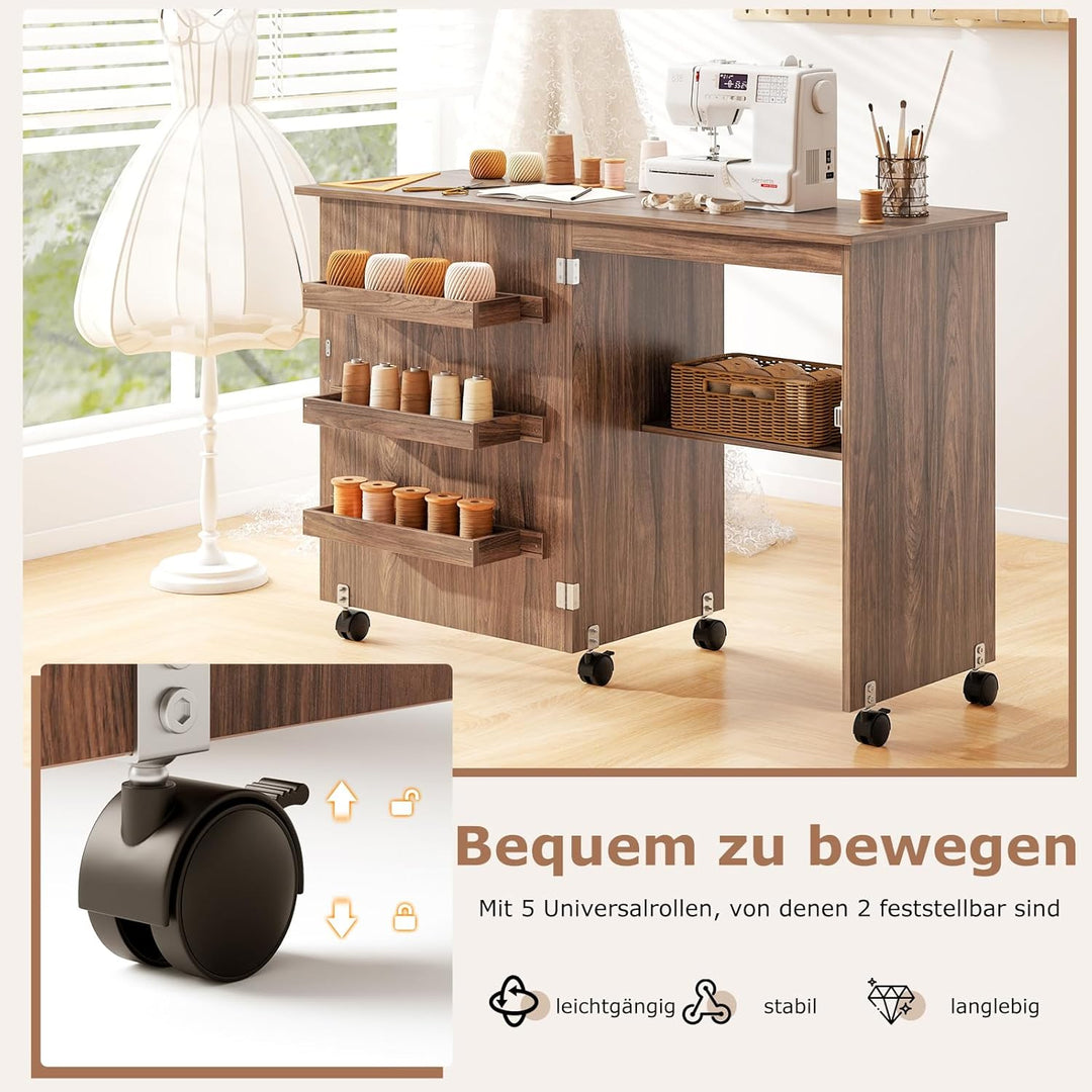 GIANTEX Nähtisch klappbar, Nähmaschinentisch auf Rollen, Nähtisch für Nähmaschine, Nähschrank Holz,