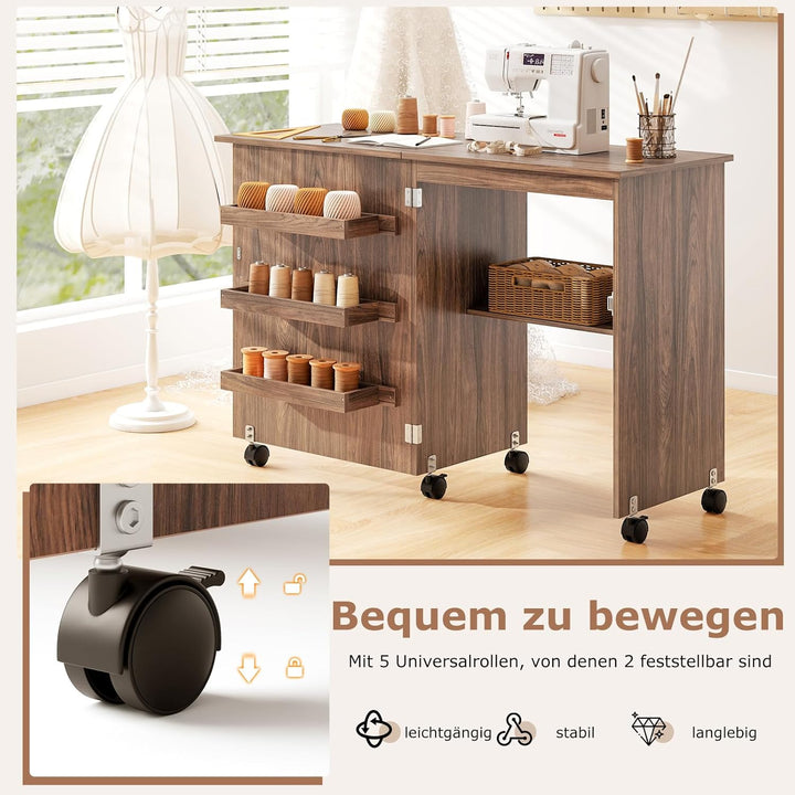 GIANTEX Nähtisch klappbar, Nähmaschinentisch auf Rollen, Nähtisch für Nähmaschine, Nähschrank Holz,