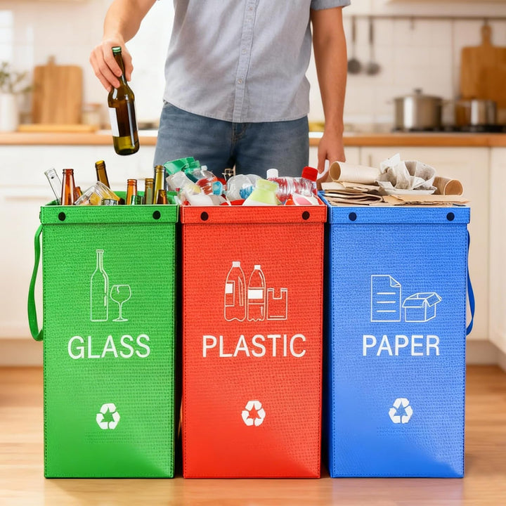 Mülltrennsystem 3fach Aufbewahrung Pfandflaschen Sammelbehälter Mülleimer 3 Fächer für Papier Glas u