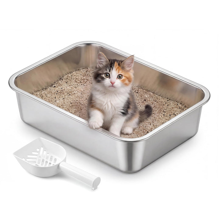 Feandrea Katzenklo Edelstahl, Katzentoilette offen, mit Schaufel, antihaftbeschichtet, geruchsfrei,