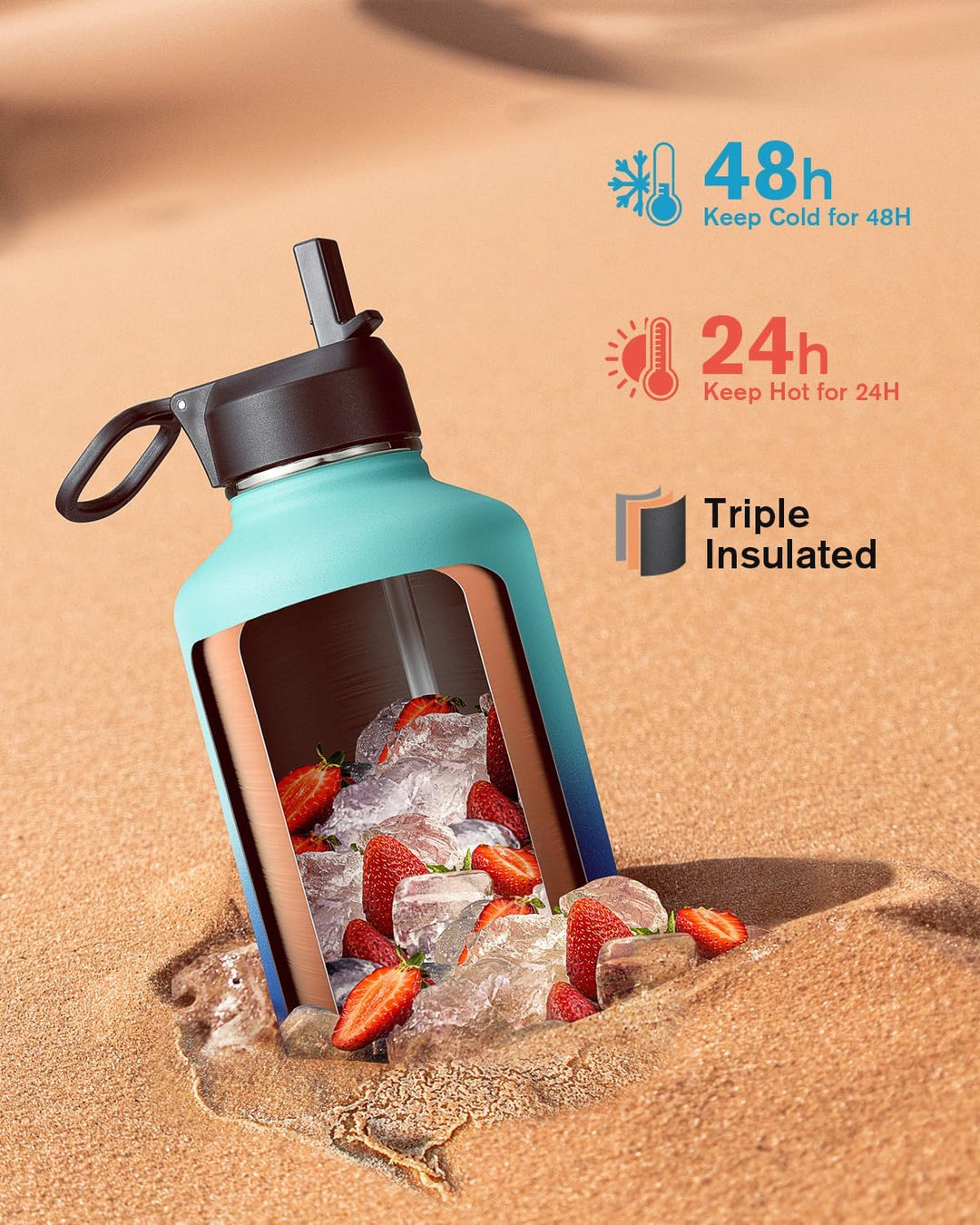 Isolierte Wasserflasche 2L, Coolflask Wasserflasche mit Strohhalm &amp; 3 Deckeln, Edelstahl Isolierte t