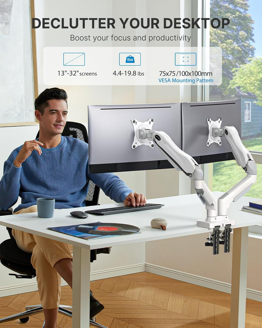 HUANUO Weiss Monitorhalterung Für 2 Monitore, Geeignet Für 13 Bis 32 Zoll Bildschirme, Höhenverstell