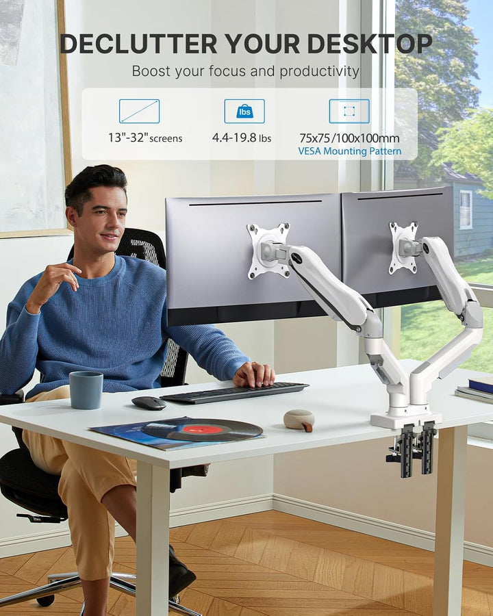 HUANUO Weiss Monitorhalterung Für 2 Monitore, Geeignet Für 13 Bis 32 Zoll Bildschirme, Höhenverstell