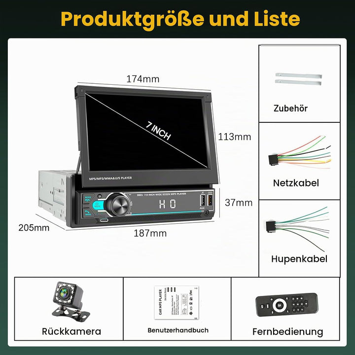 Hikity 1 Din Autoradio mit 7 Zoll Manuell Einziehbarer Touch Display Radio mit Ausfahrbarem Bildschi