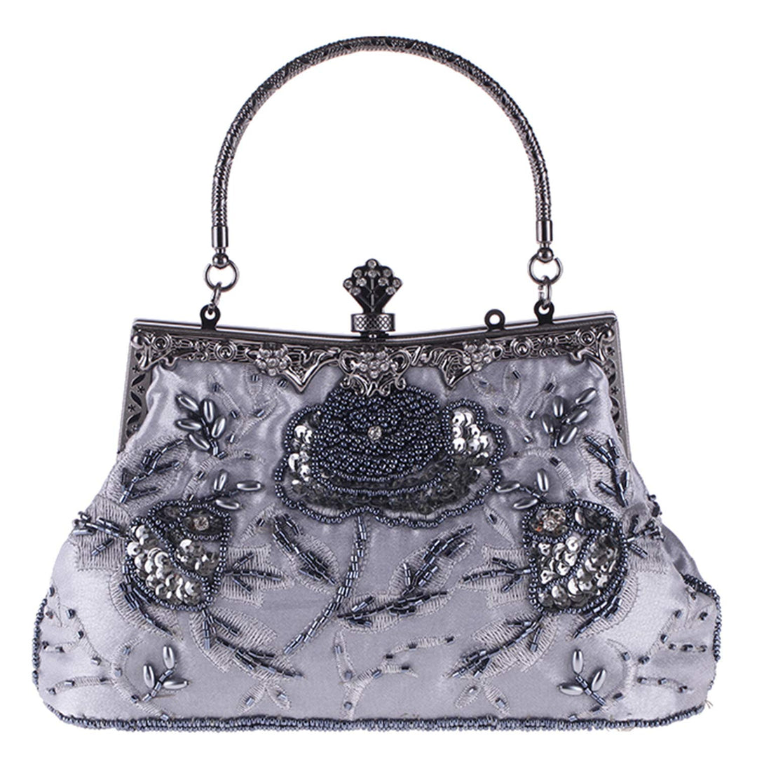Damen Vintage Floral handgemachte Seed Bead Pailletten Clutch Geldbörse Hochzeit Abendtasche Party P