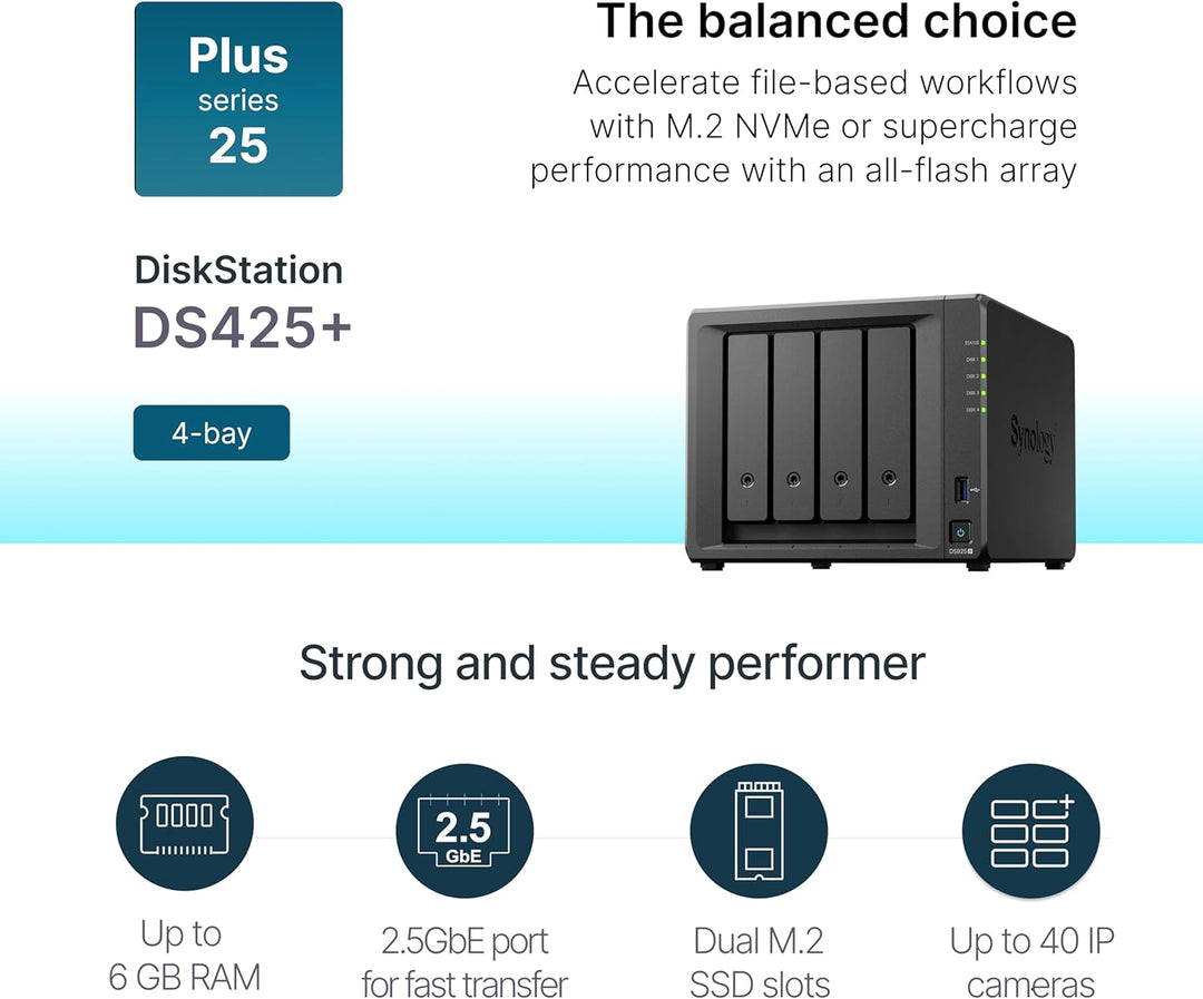 DS425+ 4-Bay Synology NAS – 3 Jahre Garantie, kompakte Speicherlösung mit integriertem 2,5 GbE-Port