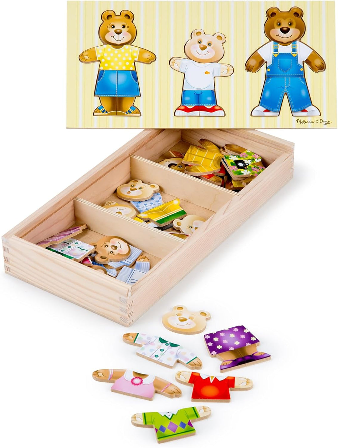 Melissa & Doug Mix 'n Match Holzpuzzle zum Ankleiden einer Bärenfamilie mit Aufbewahrungsbehälter (4