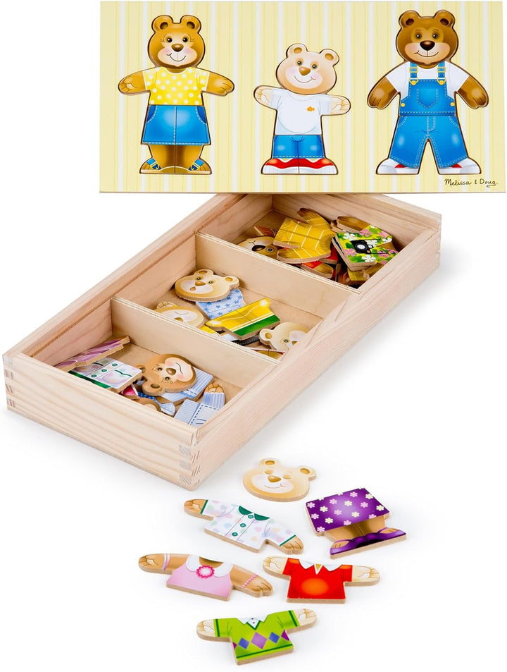 Melissa & Doug Mix 'n Match Holzpuzzle zum Ankleiden einer Bärenfamilie mit Aufbewahrungsbehälter (4