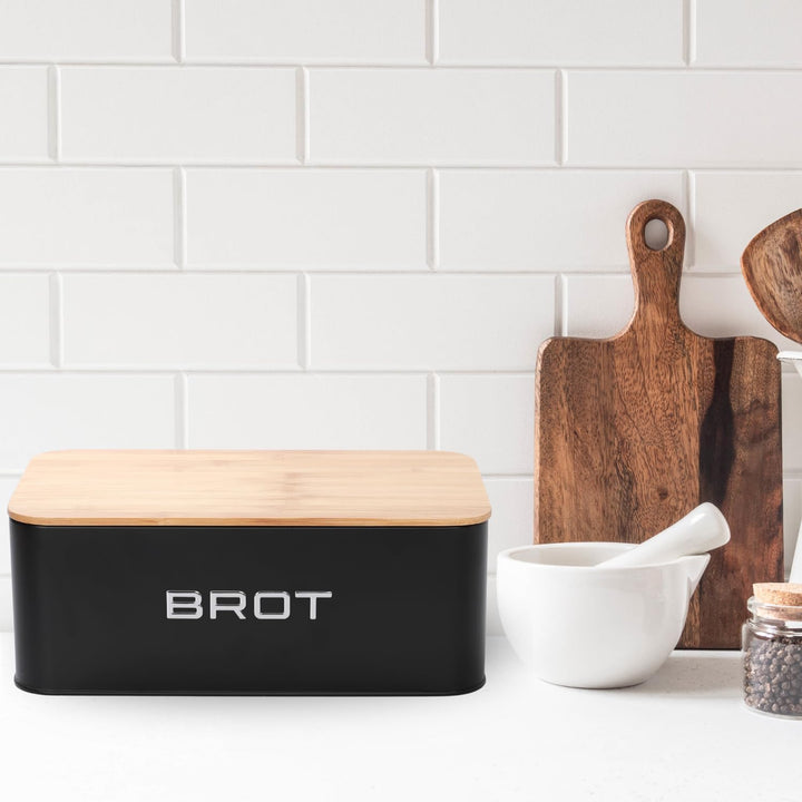 Brotkästen Metall mit Bambusdeckel – Moderne Brotbox Küche – Brot aufbewahren Inkl. Baumwollbeutel –