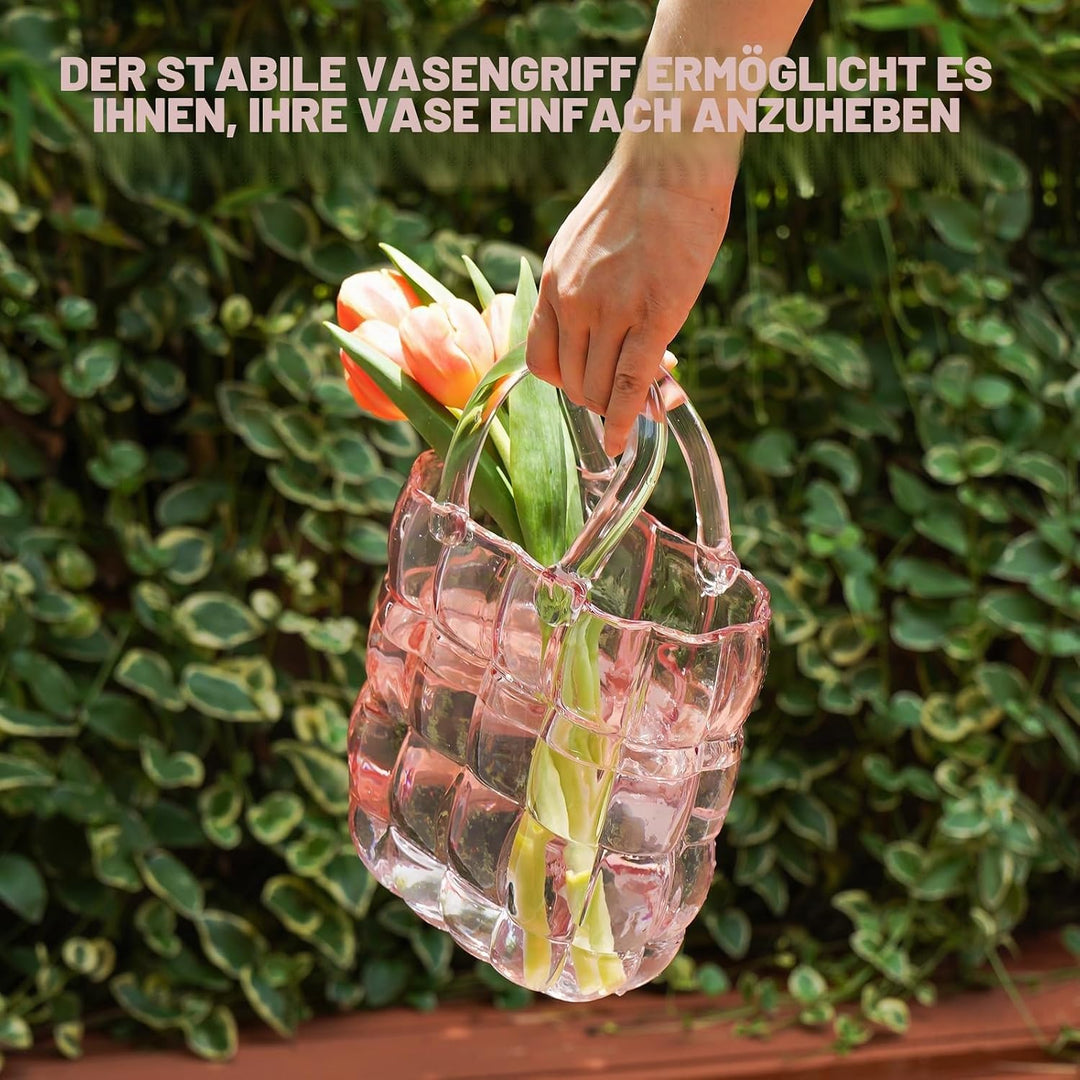 NiHome Glas-Geldbörsen-Vase, rosa Glas-Taschen-Vase mit Griff, Handtaschen-Form, Vase für Blumen, Ba
