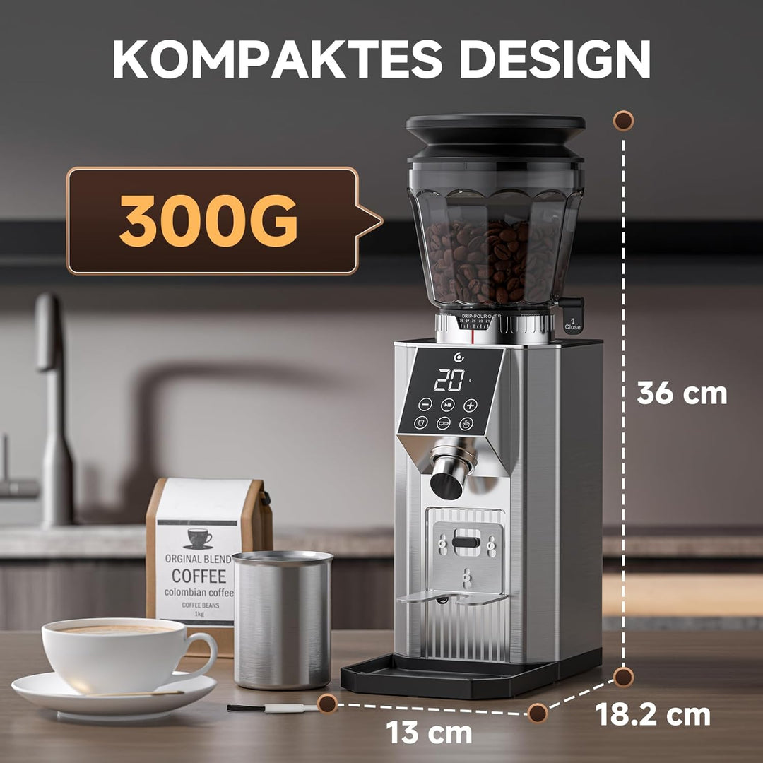 AMZCHEF Elektrische Kaffeemühle mit 45 Mahlgraden, Espresso-Mühle mit höhenverstellbarem Siebträgers